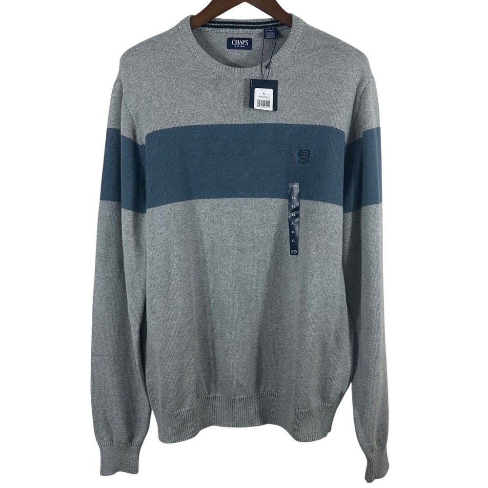 Chaps Mens XL Crewneck Sweater Light Grey Teal Blue Striped 100% Cotton NWT